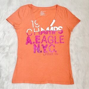 American Eagle 2010s Orange Graphic V Neck Top